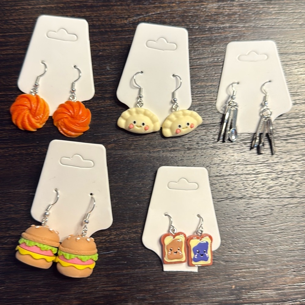 5 pairs of brand new women’s fashion earrings - food, bread, peanut butter jelly